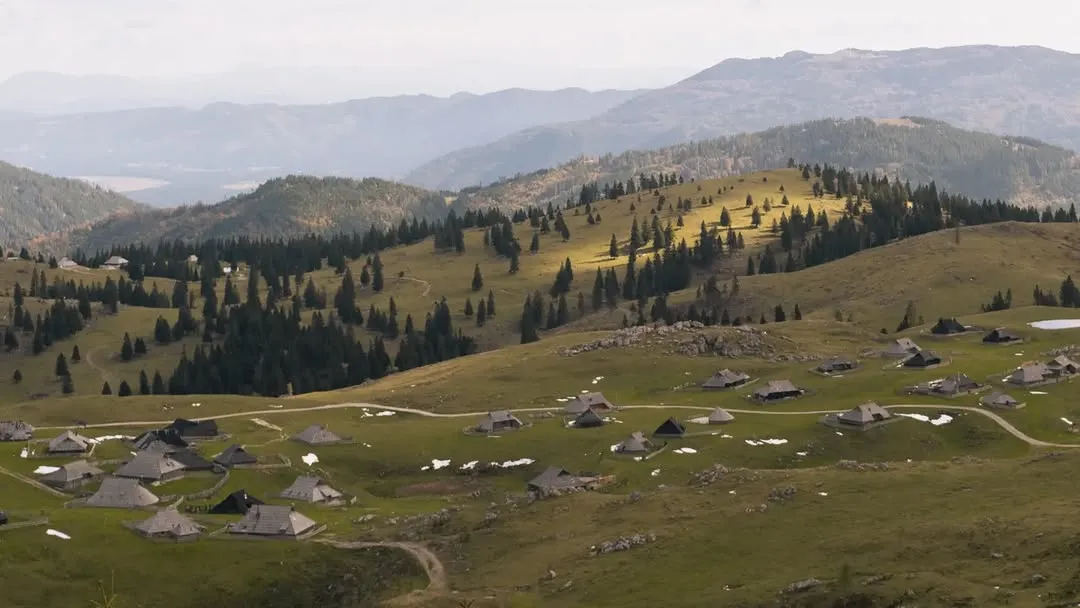 Wooden huts scattered across the pastures of Velika Planina